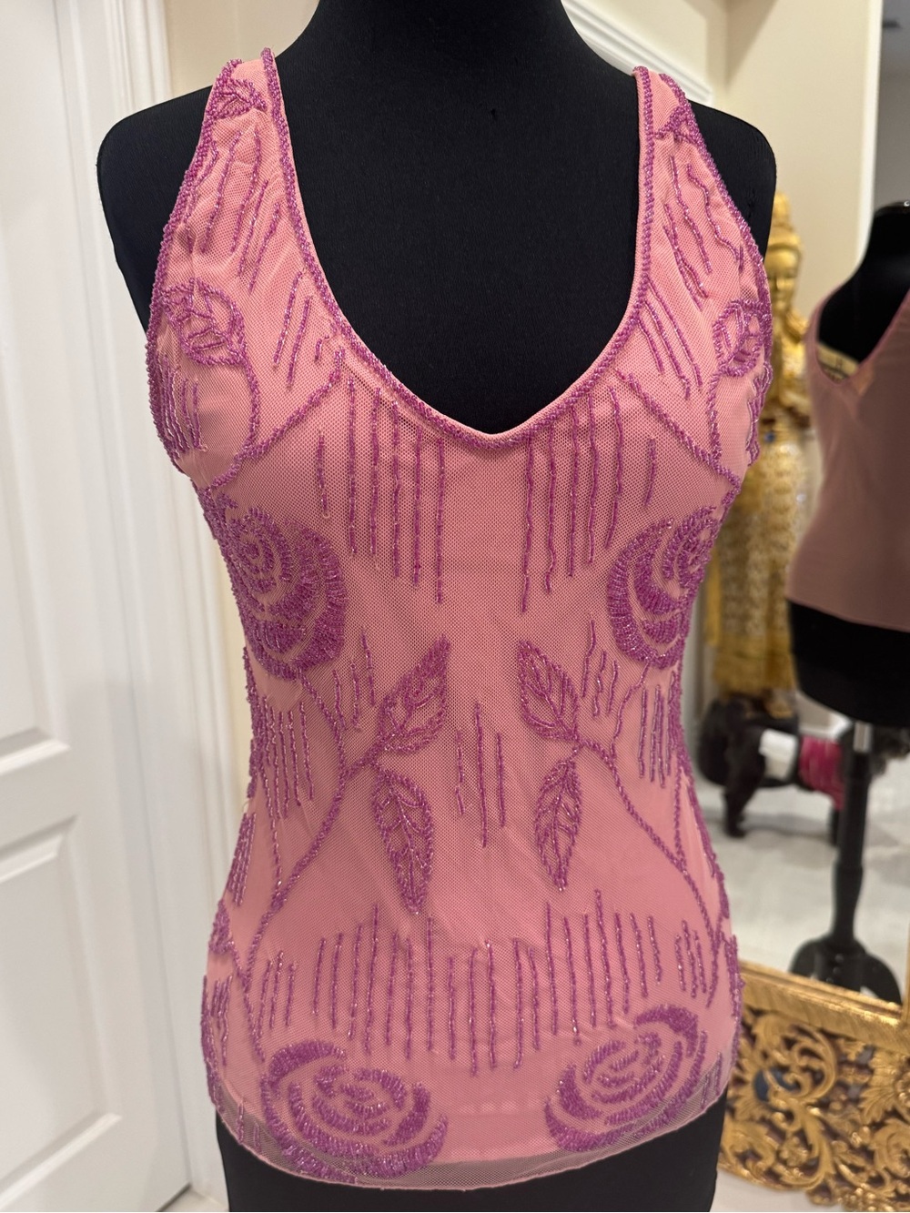 Hand Beaded Pink Mesh stretch Tank Top floral design